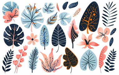 Collection of hand drawn shapes and doodle design elements. Exotic jungle leaves, flowers and plants. Abstract modern contemporary trendy vector illustration.