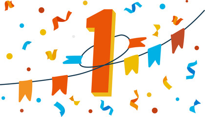 Celebratory Number One Banner With Confetti and Streamers. PNG illustration without background