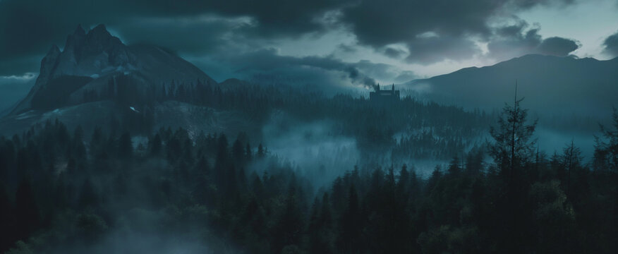 A dense forest spreads through the mountains, its treetops shrouded in gentle mist. The air is filled with the fresh clarity of the forest and covered in a dramatic sea of ​​clouds.
