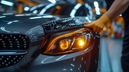technician applying a paint sealant to a luxury sedan, focusing on the hands-on process and the protective layer being added for a long-lasting, showroom-quality finish
