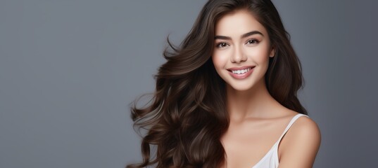A young, beautiful woman stands isolated against a white background