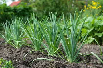 Obraz premium Lush green leeks growing in fertile soil in a garden.