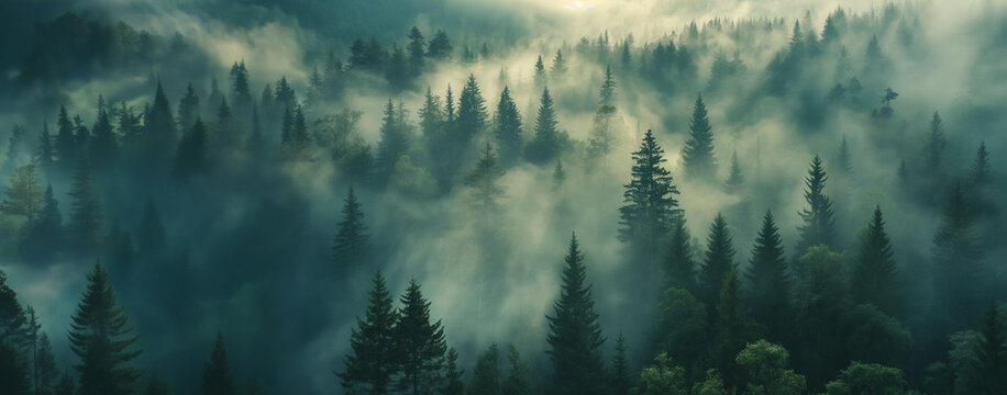 A dense forest spreads through the mountains, its treetops shrouded in gentle mist. The air is filled with the fresh clarity of the forest and covered in a dramatic sea of ​​clouds.