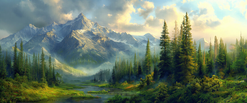 A dense forest spreads through the mountains, its treetops shrouded in gentle mist. The air is filled with the fresh clarity of the forest and covered in a dramatic sea of ​​clouds.
