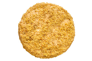 Homemade cake isolated on white background. Top view. Homemade pie close-up.