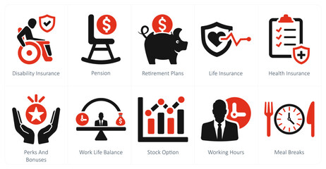 A set of 10 employee benefits icons as disability insurance, pension, retirement plans