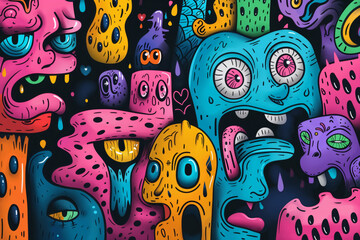 A diverse array of colorful monsters doodle illustration on a black background