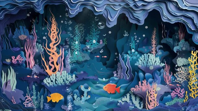deep-sea oasis paper cut template with towering under sea. seamless looping overlay 4k virtual video animation background