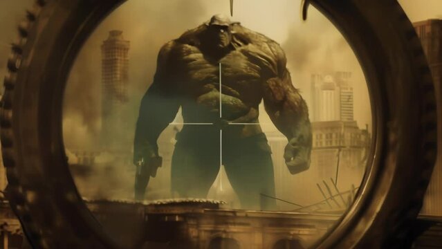 A menacing, giant creature carrying a weapon is targeted in the crosshairs of a sniper scope, creating a sense of tension and danger.
