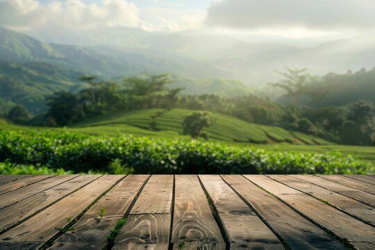 Wooden table top on blur green tea mountain and grass field.Fresh and Relax concept.For montage product display or design key visual layout.View of copy space - generative ai