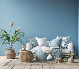 Serene home terrace decor with coastal tones and chic decor. Home design concept image.