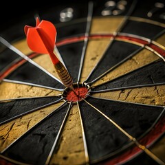 dart on target in the middle of a bullseye reaching the target with good aim , success concept image