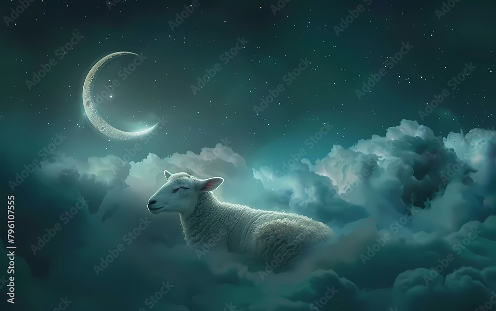 Wall mural eid al-fitr mubarak. greeting card with sacrificial lamb and crescent moon on cloudy night backgroun