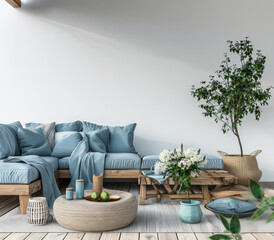 Serene home terrace decor with coastal tones and chic decor. Home design concept image.