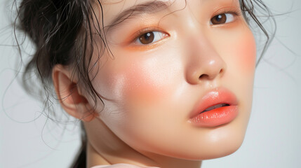 Woman with red blush on cheeks, close-up shot. Cosmetics advertisement photo. Cosmetics photo, beauty industry advertising photo.