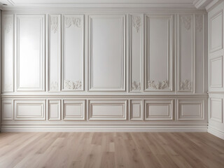 Fragment of an interior made of classic wooden panels and laminate on the floor—classical wall moulding decoration in modern empty luxury home interior design.