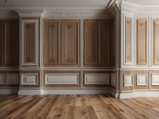 Fragment of an interior made of classic wooden panels and laminate on the floor—classical wall moulding decoration in modern empty luxury home interior design.