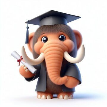 Cute character 3D image of A mammoth is wearing a hat in a graduation ceremony
