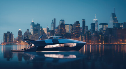 Fototapeta premium Luxurious Twilight Yacht Experience in the Cityscape