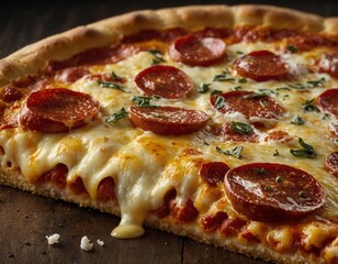 A savory slice of pepperoni pizza with bubbling cheese and a golden crust.
