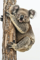 A koala clinging to a tree, isolated on a white background