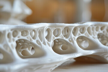 Macro shot of a 3D-printed model of a bridge design, emphasizing structural elements and connection to urban roads