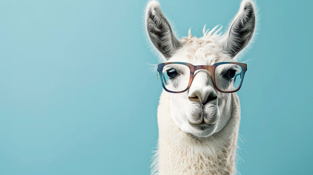 White llama wearing glasses. on pastel blue background
