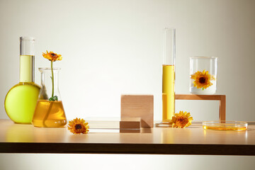 On gray background and wooden pedestal, lab glassware containing Calendula essence decorated with...
