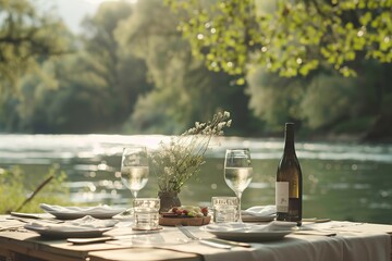 Intimate riverside dining setup with wine and natural backdrop.