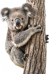 A koala clinging to a tree, isolated on a white background