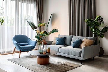 Mid-Century Modern Living Room Interior A Harmonious Blend of Grey Sofa, Ellipse Coffee Table, and Blue Lounge Chair Against a Window Adorned with Grey Curtains