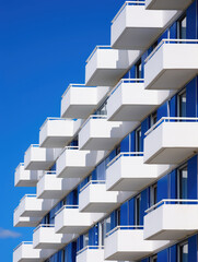 Modern Building White Balconies Against Blue Sky