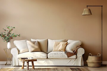 Scandinavian Interior Design of a Modern Living Room A Cozy Sofa with Pillows, Side Table, and...