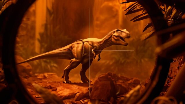 A Tyrannosaurus Rex is seen through the crosshairs of a sniper scope, set against a desert landscape. The image suggests a scene from a video game or movie, creating a sense of danger and excitement.
