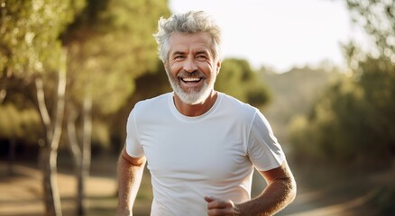 Portrait of happy senior man with grey hair and beard in sportswear