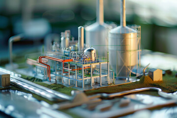 Macro shot of a geothermal energy plant model, economic reports on cost-effectiveness and environmental impact 