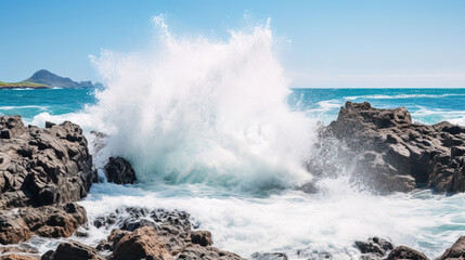 waves crashing on rocks.