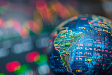 Macro shot of a globe with stock market tickers superimposed, indicating global financial trends