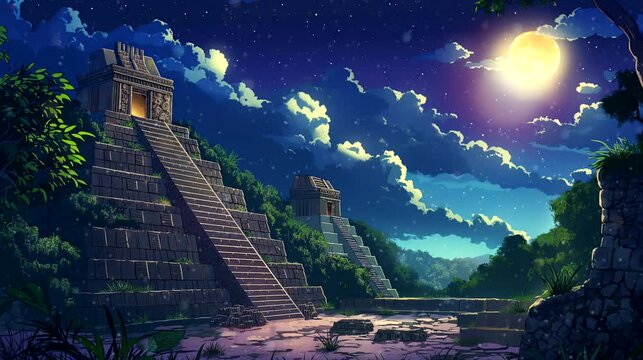 Mystical mayan temples at night. Ancient concept, anime illustration style, looping 4k video animation background