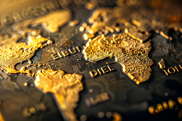 Macro shot of a gold credit card with a world map design, symbolizing global finance 