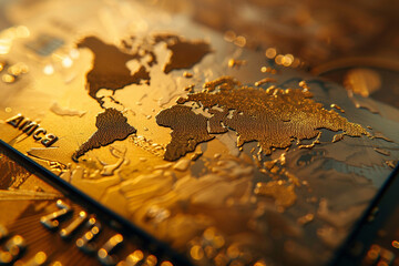 Macro shot of a gold credit card with a world map design, symbolizing global finance 
