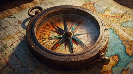 Fototapeta na wymiar Vintage compass on old map : old compass on old map