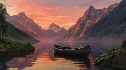 Boat on lake in mountainous ecoregion, surrounded by sky and nature at sunset