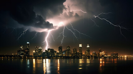 Naklejka na ściany i meble Majestic Thunderstorm Illuminates Urban Nightscape