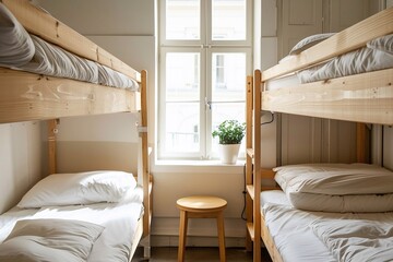 Hostel rooms with bunk wood beds. white bedding set Natural light from the window. - obrazy, fototapety, plakaty