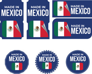 Fototapeta premium Made in Mexico, vector logos with Mexican flag painted circles and stripe