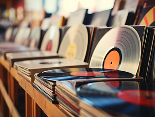 Classic Vinyl Records Collection in Retro Music Store