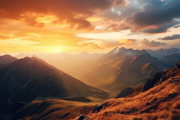 Majestic Mountain Sunset with Golden Hues and Peaks - obrazy, fototapety, plakaty
