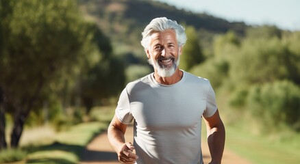 Portrait of happy senior man with grey hair and beard in sportswear