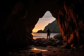 Solitary Explorer in Majestic Seaside Cave at Sunset